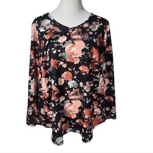 Denim & Co 1X Black and Peach Floral Women's Pullover V-neck Blouse Top
